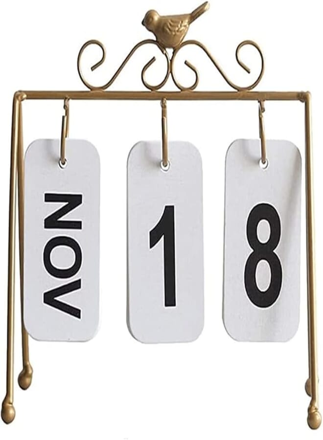 ELECDON Portable Desk Calendar Metal Perpetual Calendar Flip Desk Calendar Bird Iron Calendar Desktop Standing Desk Calendar（White, Black, Gold） 8.6x3.7x8.2 Desk Calendar Gift (Color: Gold)